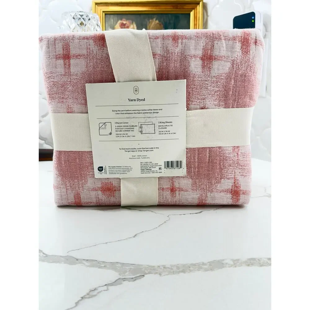 Threshold Yarn Dyed Cotton Duvet Cover Set King Pink Plaid Geometric 3-Piece New